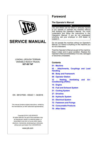  Ensure your JCB 527-58 T4F Loadall operates at peak performance with the comprehensive Service Manual (9813/7550). This essential guide provides detailed instructions and specifications, making maintenance and repairs straightforward and efficient.