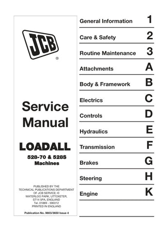 Discover the essential JCB 528-70 and 528S Loadall Service Manual (9803/3650), your go-to resource for maintaining and servicing your equipment. This comprehensive manual provides detailed instructions, diagrams, and specifications to ensure your Loadall operates at peak performance.