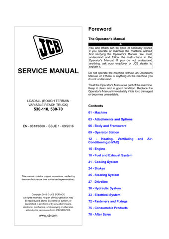 Unlock the full potential of your JCB 530-110 and 530-70 Loadall with the comprehensive service manual (9813-8300). This essential guide is designed to provide you with detailed insights into the maintenance and repair of your rough terrain variable reach truck, ensuring optimal performance and longevity.