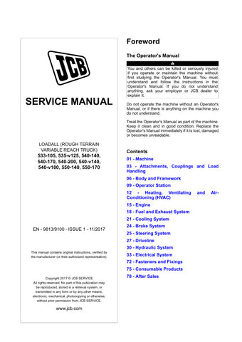 Discover the essential JCB Service Manual for models 533-105, 535-V125, 540-140, 540-170, 540-200, 540-V140, 540-V180, 550-140, and 550-170. This comprehensive guide, issued in November 2017, is designed to provide you with detailed insights and instructions for maintaining and servicing your equipment effectively.