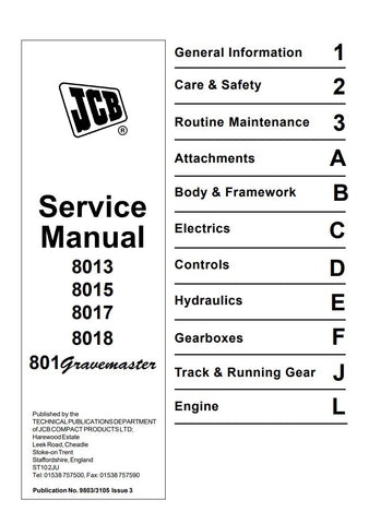 Unlock the full potential of your JCB 8013, 8015, 8017, and 8018 mini excavators with the comprehensive service manual (9803/3105). This essential guide is designed to provide you with detailed insights into maintenance, troubleshooting, and repair procedures, ensuring your equipment operates at peak performance.
