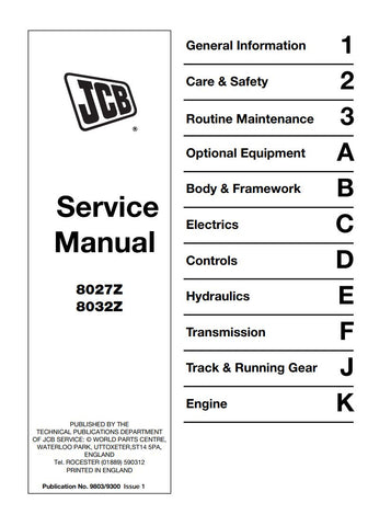 Enhance your maintenance capabilities with the JCB 8027Z and 8032Z Mini Excavator Service Manual. This comprehensive guide is designed specifically for these models, providing detailed instructions and insights to keep your equipment running smoothly. With clear diagrams and step-by-step procedures, you can tackle repairs and servicing with confidence.