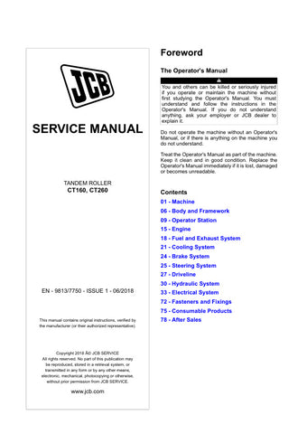 Discover the essential JCB CT160 and CT260 Tandem Roller Service Manual (9813/7750), your go-to resource for maintaining and servicing your equipment. This comprehensive manual provides detailed instructions, diagrams, and specifications to ensure your tandem roller operates at peak performance.