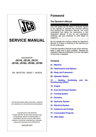 Unlock the full potential of your JCB machinery with the comprehensive JCB JS115, JS130, JS131, JS145, JS160, JS180, JS190 Service Manual - 9813/7150. This essential guide provides detailed insights into maintenance, troubleshooting, and repair procedures, ensuring your equipment operates at peak performance.