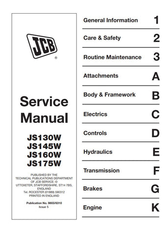 Unlock the full potential of your JCB wheeled excavators with the comprehensive service manual for models JS130W, JS145W, JS160W, and JS175W. This essential guide, part number 9806/6310, provides detailed insights into maintenance, troubleshooting, and repair procedures, ensuring your machinery operates at peak performance.