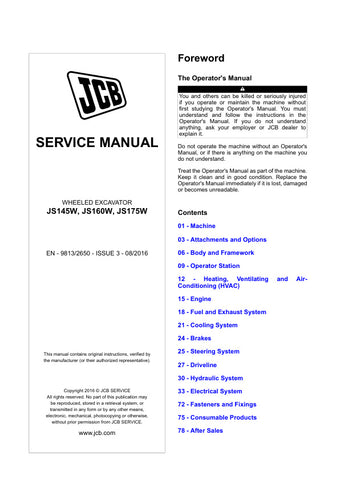 Enhance your maintenance capabilities with the JCB JS145W, JS160W, and JS175W Excavator Service Manual. This comprehensive guide, issued in August 2016, is designed to provide you with detailed insights and instructions for servicing these powerful machines. With the latest updates and technical specifications, you can ensure optimal performance and longevity of your equipment.