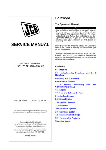 Discover the essential JCB JS145W, JS160W, and JS20 MH Wheeled Excavator Service Manual, designed to keep your machinery running smoothly and efficiently. This comprehensive guide, issued in February 2018, provides detailed insights and instructions tailored specifically for these models, ensuring you have the right information at your fingertips.