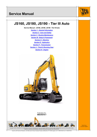  Ensure your JCB JS160, JS180, and JS190 machinery operates at peak performance with the TIER III Auto Service Manual (9803/6570-7). This comprehensive guide is designed to provide you with all the essential information needed for effective maintenance and troubleshooting, ensuring your equipment remains reliable and efficient.