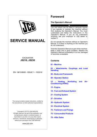 Enhance your maintenance capabilities with the JCB JS210 and JS230 Excavator Service Manual. This comprehensive guide, issued in October 2016, is designed to provide you with essential information for effective servicing and repair of your excavator. With clear instructions and detailed diagrams, you can ensure your machinery operates at peak performance.