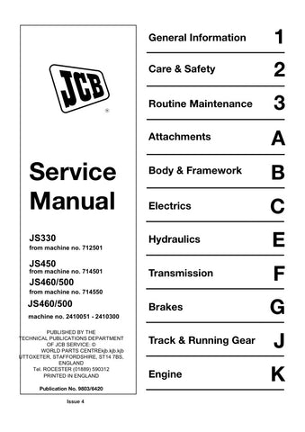 Enhance your maintenance routine with the JCB JS330, JS450, JS460, JS500 Service Manual (9803/6420). This comprehensive guide is designed specifically for JCB excavators, providing detailed instructions and insights to keep your machinery running smoothly and efficiently.