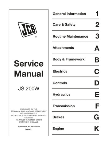 Unlock the full potential of your JCB JS 200W Wheel Excavator with the comprehensive Service Manual (9803/6320). This essential guide is designed to provide you with detailed insights into maintenance, troubleshooting, and repair procedures, ensuring your equipment operates at peak performance.
