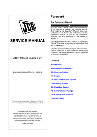 Unlock the full potential of your JCB T2/3 ELEC Engine with the comprehensive Service Manual (9806/5600). This essential guide is designed specifically for the 6-cylinder engine, providing detailed insights and step-by-step instructions to ensure optimal performance and maintenance.
