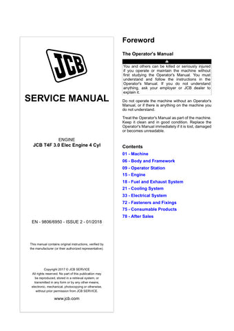 Ensure your JCB T4F 3.0 Electric Engine operates at peak performance with the comprehensive Service Manual (Part No. 9806/6950). This essential guide provides detailed instructions and specifications tailored for the 4-cylinder engine, making maintenance and repairs straightforward and efficient.