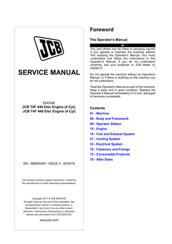 Unlock the full potential of your JCB T4F 444 and T4F 448 ELEC engines with the comprehensive Service Manual (Issue 4, 04/2018). This essential guide is designed specifically for 4-cylinder engines, providing you with detailed insights and step-by-step instructions to ensure optimal performance and maintenance.