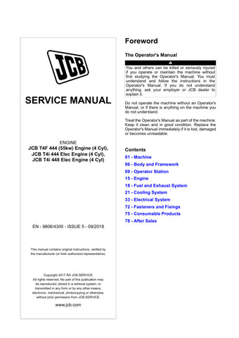 Discover the essential JCB T4F 444, T4I 444, and T4I 448 Engine Service Manual (9806/4300), your go-to resource for maintaining peak performance of your machinery. This comprehensive manual provides detailed instructions, diagrams, and specifications to ensure you can effectively service and troubleshoot your engine with confidence.