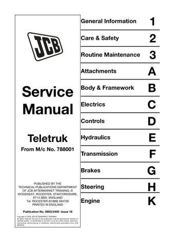 Discover the essential JCB Teletruk Service Manual - 78800, your go-to resource for maintaining and servicing your Teletruk equipment. This comprehensive manual provides detailed instructions, diagrams, and troubleshooting tips to ensure your machine operates at peak performance