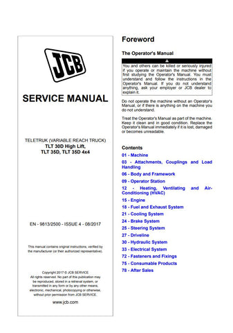 Discover the ultimate resource for your JCB TLT 30D High Lift, TLT 35D, and TLT 35D 4×4 with the comprehensive Service Manual (EN-9813/2500-ISSUE 4-08/2017). This essential guide is designed to provide you with detailed insights and instructions, ensuring optimal performance and maintenance of your machinery.