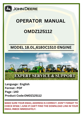  Access the operator manual for the John Deere 18.0L, 6180C1510 engine. Find detailed instructions and maintenance tips to ensure peak engine performance.