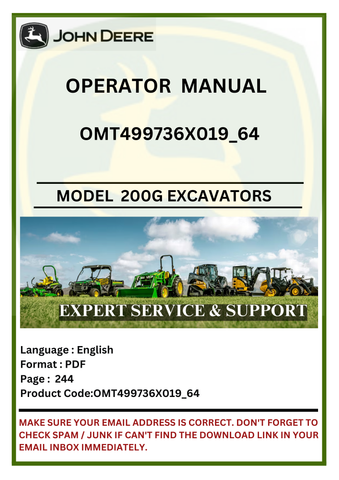 Access the John Deere 200G Construction Excavators operator manual. Find vital guidelines and tips to optimize your excavator's efficiency and safety.