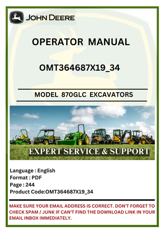 Explore the operator manual for John Deere 870GLC excavators. Get detailed instructions and insights to ensure optimal operation and maintenance of your equipment.