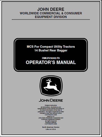 John Deere 14 Bushel Rear Bagger MCS For Compact Utility Tractor Manual OMLVU18333 
