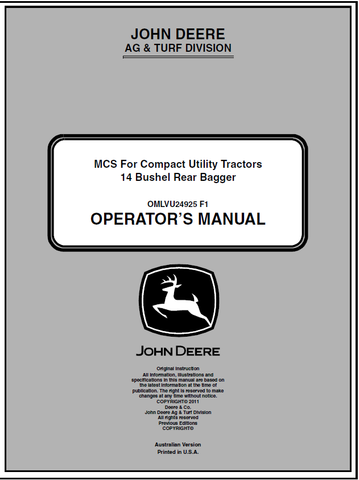 John Deere 14 Bushel Rear Bagger MCS For Compact Utility Tractor Manual OMLVU24925