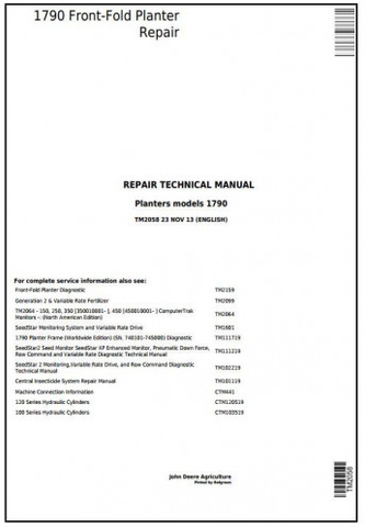 John Deere 1790 Front Fold Planter Repair Technical Manual TM2058 - PDF File