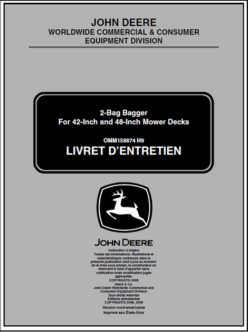 John Deere 2-Bag Bagger For 42-Inch And 48-Inch Mower Deck Manual OMM158874 