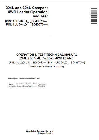 This John Deere 204L, 304L Compact 4WD Loader Operation & Test Technical Manual is a comprehensive, PDF-formatted source of information for technicians. It covers the operation, maintenance, and troubleshooting of these machines, with diagrams and detailed characteristics included. With this manual, technicians benefit from a full-depth understanding of these machines.