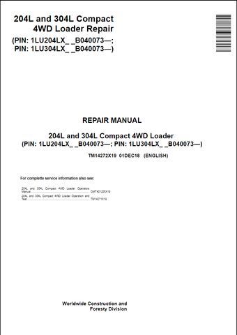 This John Deere 204L, 304L Compact 4WD Loader Service Repair Manual (TM14272X19) provides technicians with the information needed to service and repair the John Deere 204L, 304L Compact 4WD Loader. This comprehensive, digital PDF file download is ideal for technicians looking for direct, easy-to-access information.
