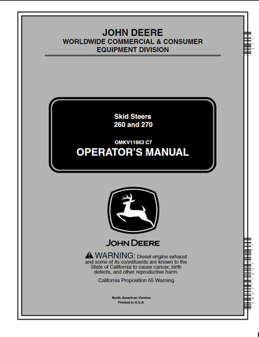 This digital operator's manual from John Deere offers comprehensive instructions for the 260 and 270 Skid Steer models. The easy-to-download PDF file provides step-by-step guidance for safe and efficient operation of your machine. Make sure to maximize your skid steer performance with this essential troubleshooting resource.