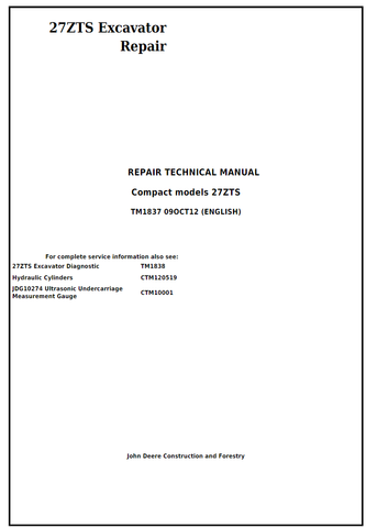 John Deere 27ZTS Compact Excavator Technical Service Repair Manual TM1837