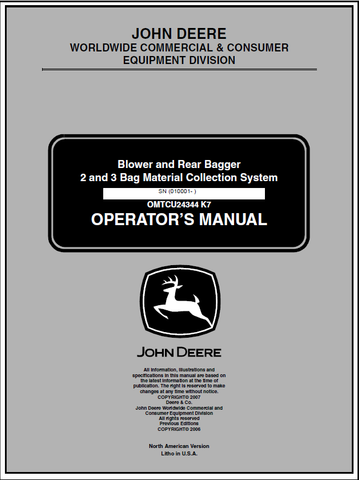John Deere 2, 3 Bag Material Collection System Rear Bagger And Blower Manual OMTCU24344