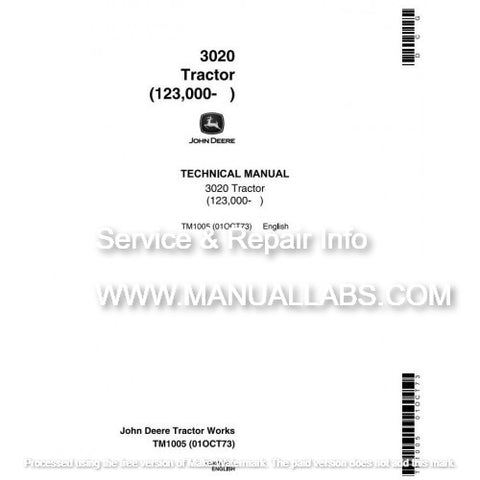 John Deere 3020 Row Crop Tractor Technical Manual TM1005 - PDF File