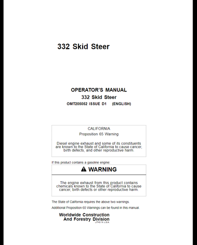 John Deere 332 Skid Steer Loader Operator's Manual OMT205052 - PDF File Download