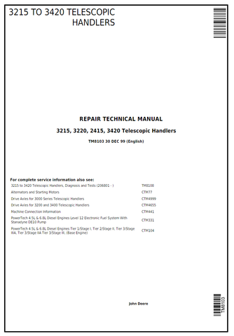 John Deere 3215 TO 3420 Telescopic Handlers Repair Technical Manual TM8103 - PDF File Download