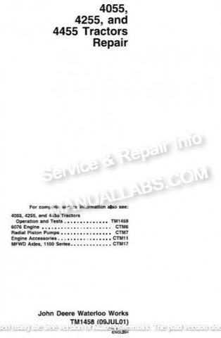 John Deere 4055, 4255, 4455 Tractor Repair Manual TM1458 - PDF File