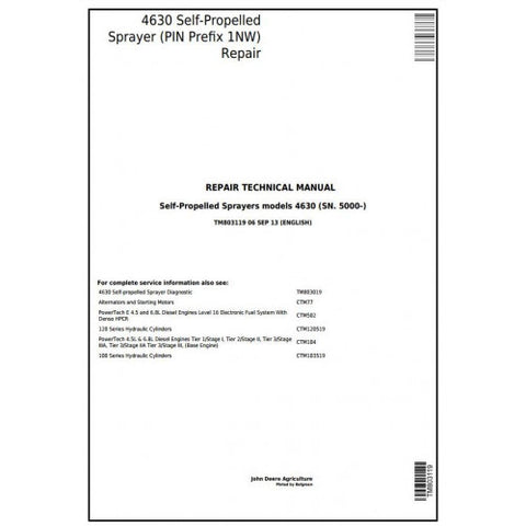 John Deere 4630 Self-Propelled Sprayer Repair Technical Manual TM803119 - PDF File Download