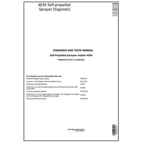 John Deere 4630 Self-propelled Sprayer Diagnosis & Test Manual TM803019 - PDF File Download