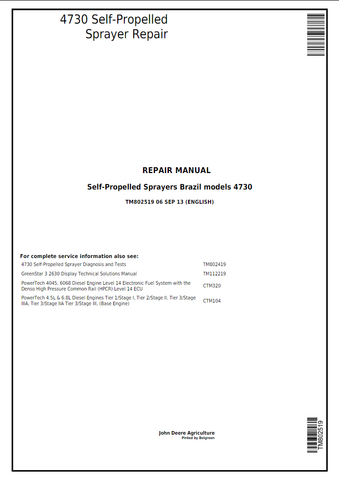 John Deere 4730 Self-Propelled Sprayer Technical Service Repair Manual TM802519 - PDF File Download