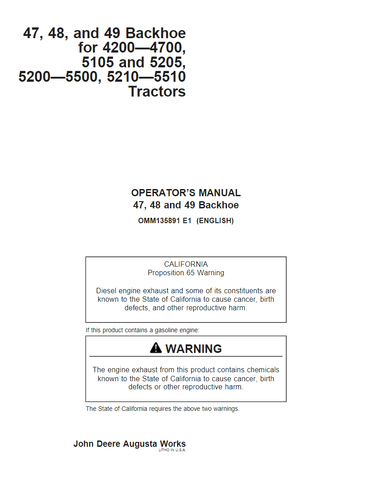 John Deere 47, 48, 49 Backhoe For 4700 And 5000 Series Tractor Operator's Manual OMM135891 - PDF File Download