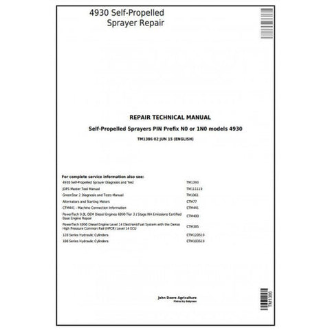 John Deere 4930 Self-Propelled Sprayer Repair Technical Manual TM1386 - PDF File