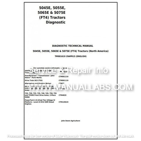 John Deere 5045E, 5055E, 5065E & 5075E Tractor North America Diagnostic Technical Manual TM901619 - PDF File
