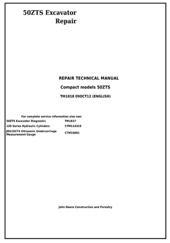 John Deere 50ZTS Compact Excavator Repair Technical Manual TM1818