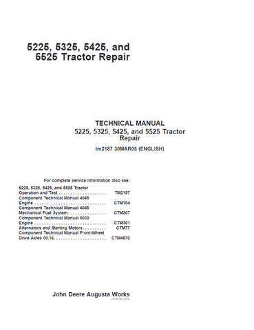 John Deere 5225, 5325, 5425, 5525, 5625, 5603 Tractor Repair Technical Manual TM2187 - PDF File Download