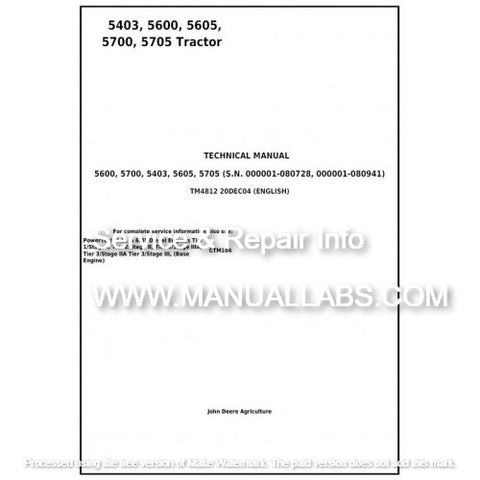John Deere 5403, 5600, 5605, 5700, 5705 Brazil Tractor Technical Manual TM4812 - PDF File