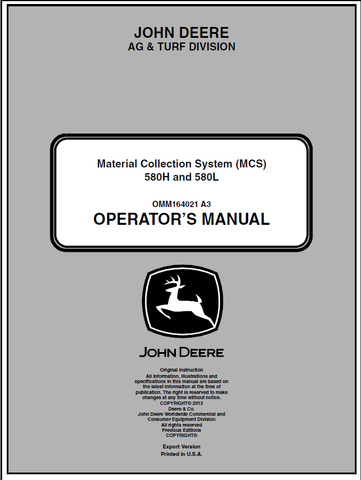 John Deere 580H, 580L Material Collection System Manual OMM164021