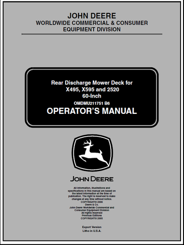 John Deere 60-Inch Recharge Mower Deck For X495, X595, 2520 Tractor Manual 