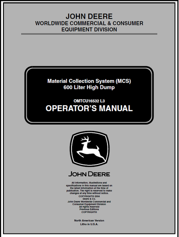 John Deere 600 Liter High Dump Material Collection System Manual OMTCU16532