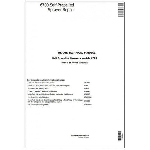 John Deere 6700 Self Propelled Sprayer Repair Technical Manual TM1742 - PDF File Download